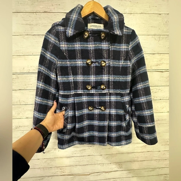 London Fog Girls Plaid Hooded Pea Coat Size 14/16 - Picture 3 of 6